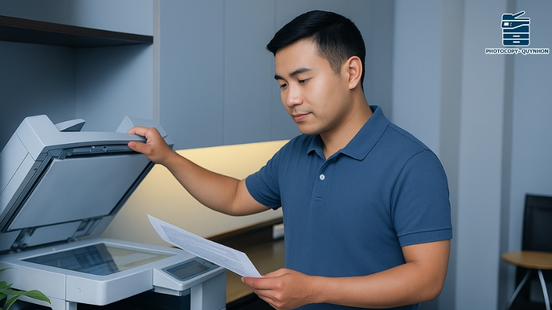 Nhân viên văn phòng đang sử dụng máy photocopy cho thuê tại Quy Nhơn